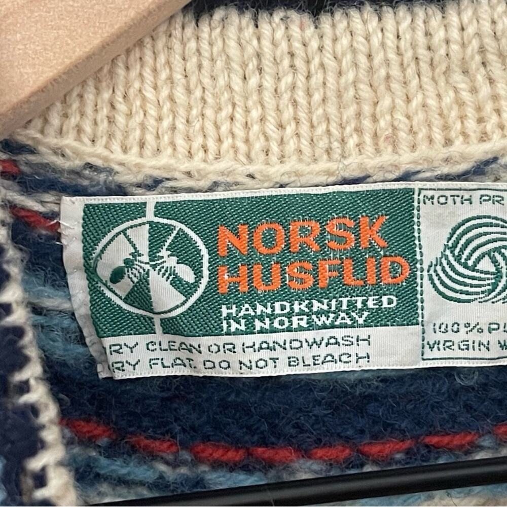 NORSK HUSFLID Vtg 70s Wool Fair Isle Hand knit Fisherman cardigan Blu/Cream, S/M - Picture 3 of 10